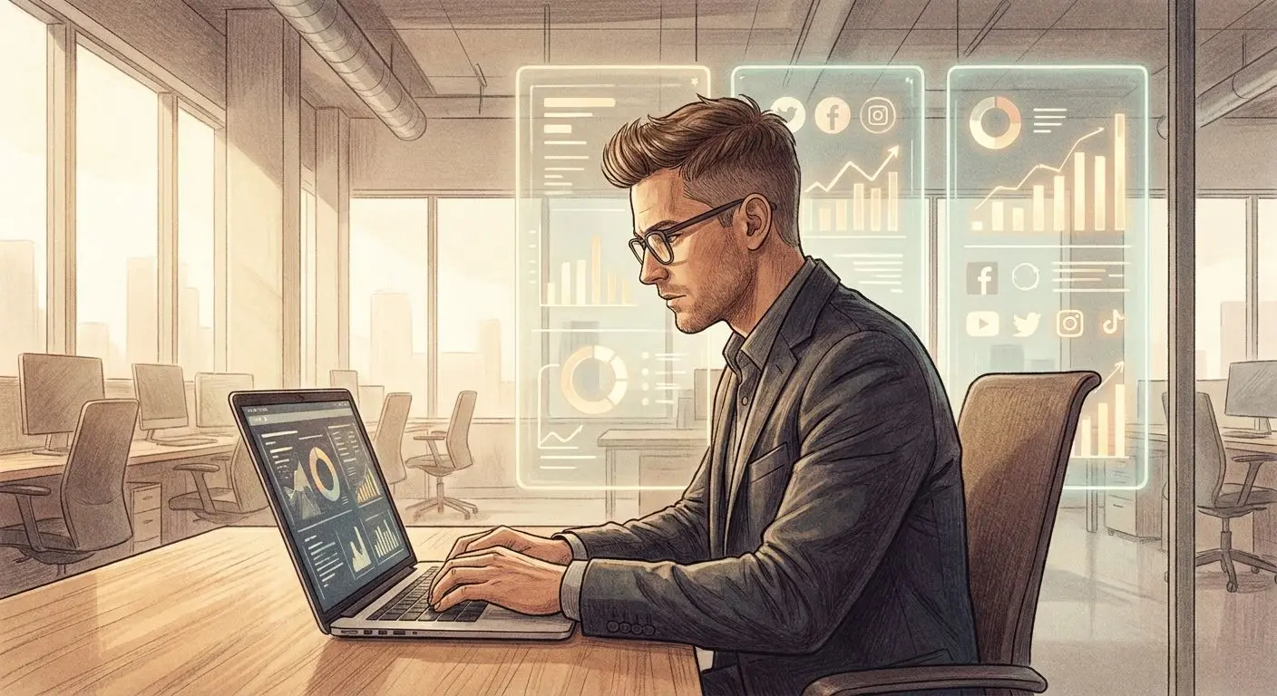 Ilustración de un analista de contenidos trabajando en una guía digital