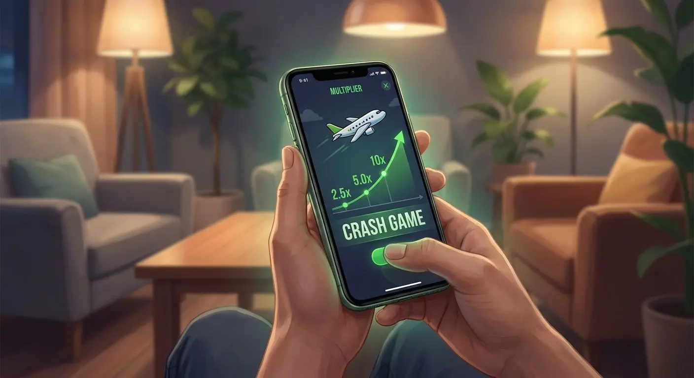 Jugador usando un móvil con una interfaz estilo Aviator en pantalla