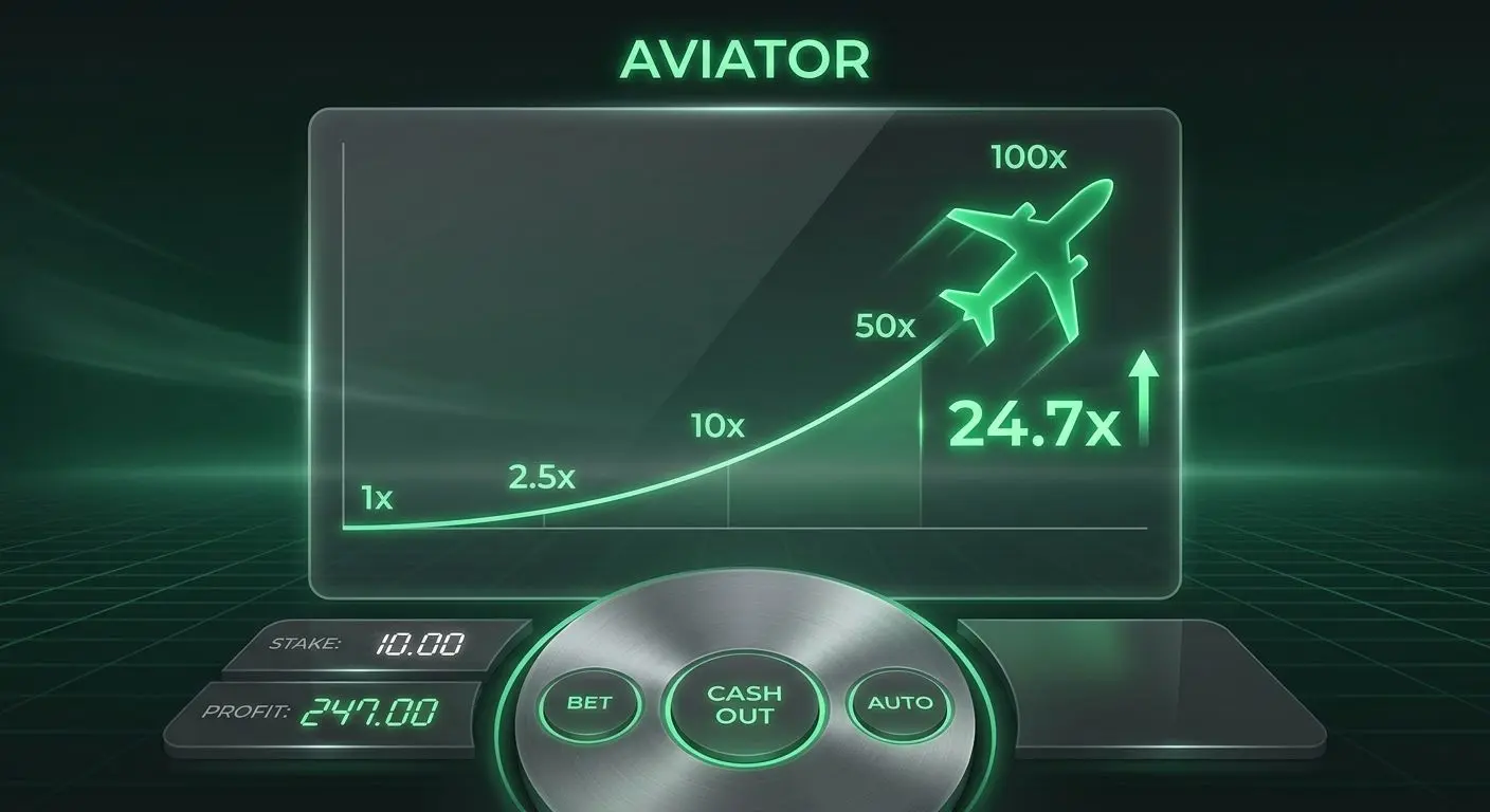 Vista general de Aviator con avión, multiplicador ascendente y panel simple