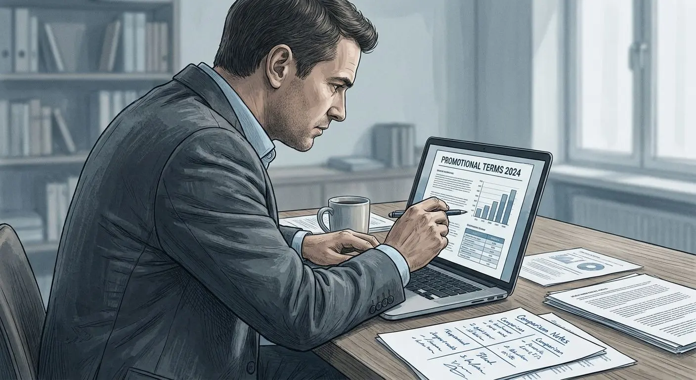 Analista revisando condiciones de bonos y promociones online