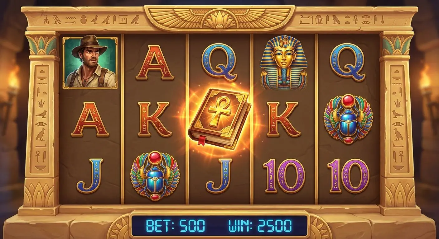 Pantalla general de Book of Ra con carretes y símbolos egipcios
