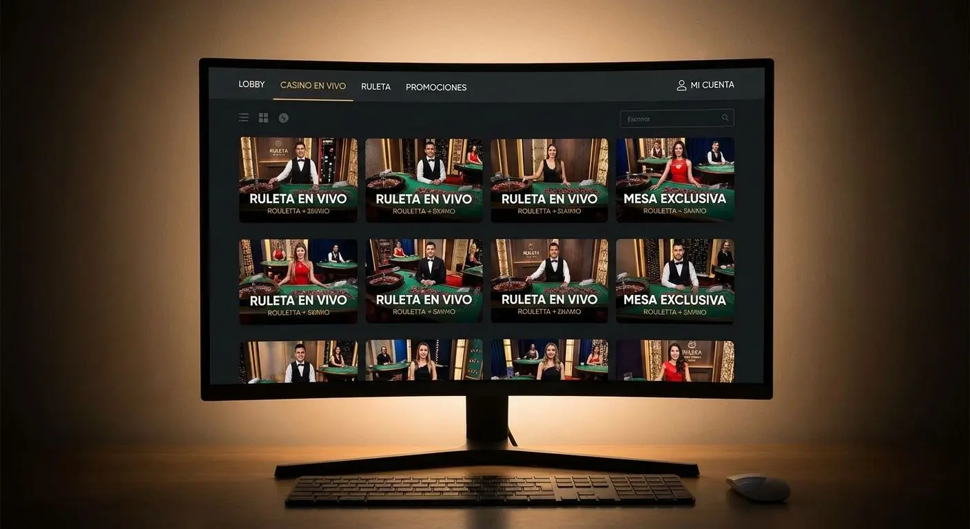 Lobby en vivo con miniaturas de mesas de ruleta y crupier en pantalla
