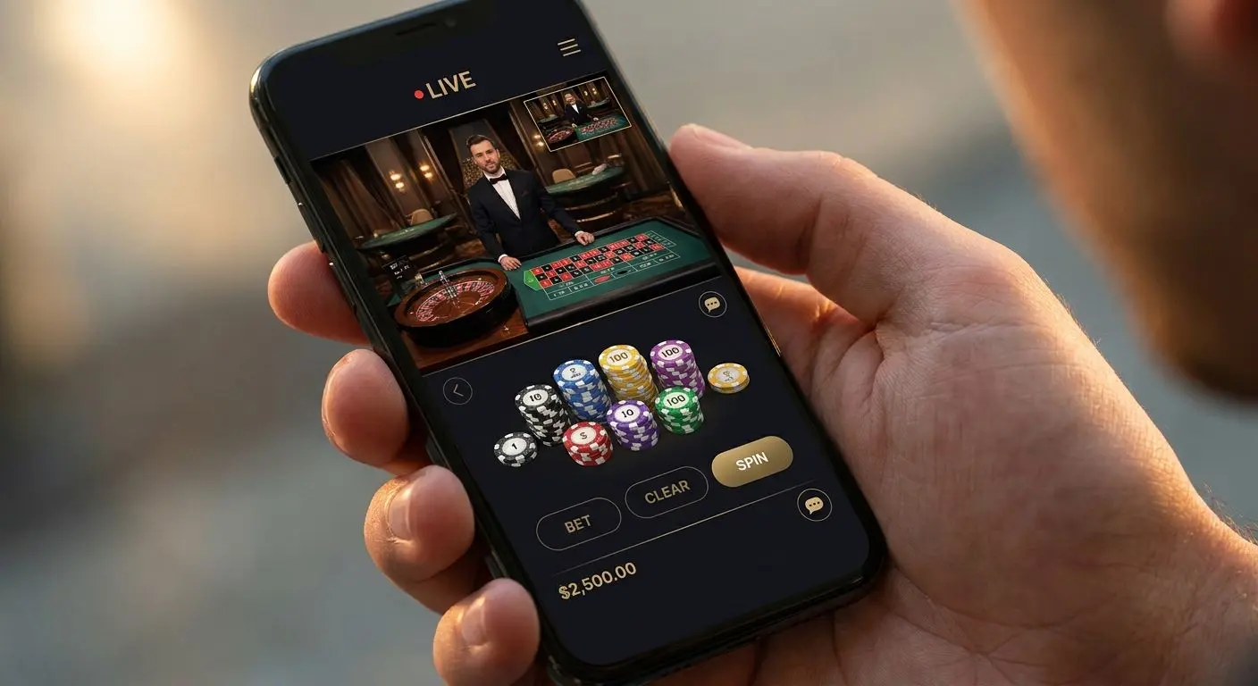 Interfaz de ruleta en vivo en un smartphone con crupier y tapete visibles