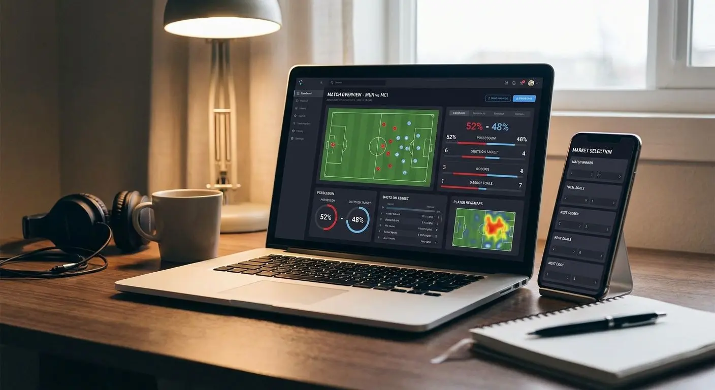 Interfaz de fútbol en portátil y móvil con mercados de partido