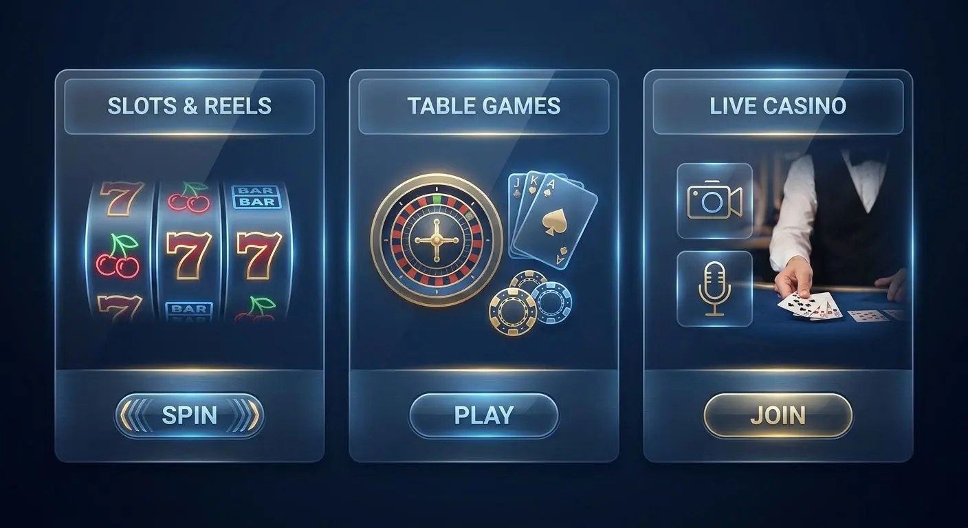 Categorías visuales de juegos online con iconos y tarjetas