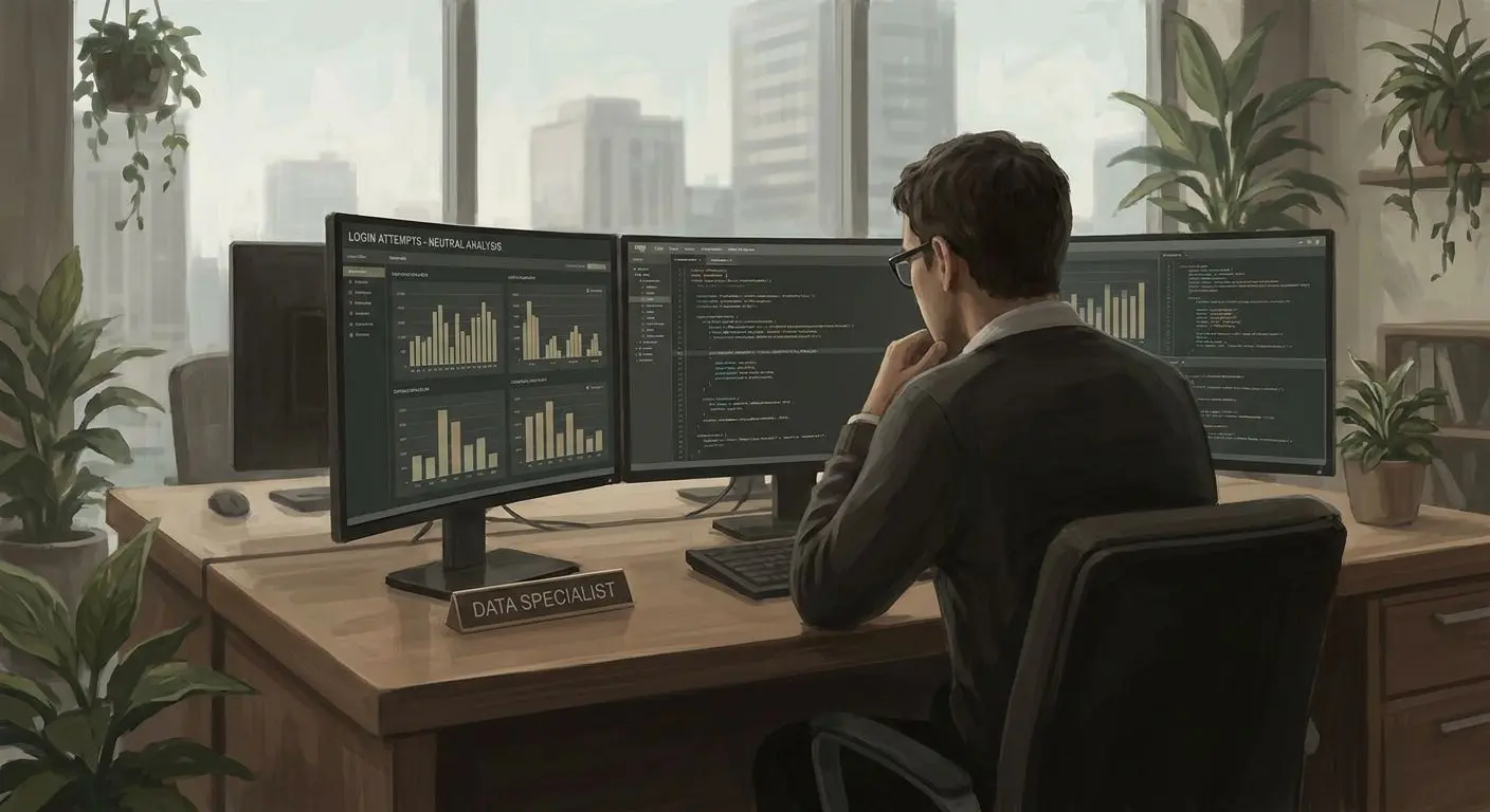 Especialista analizando datos de acceso y seguridad en pantalla