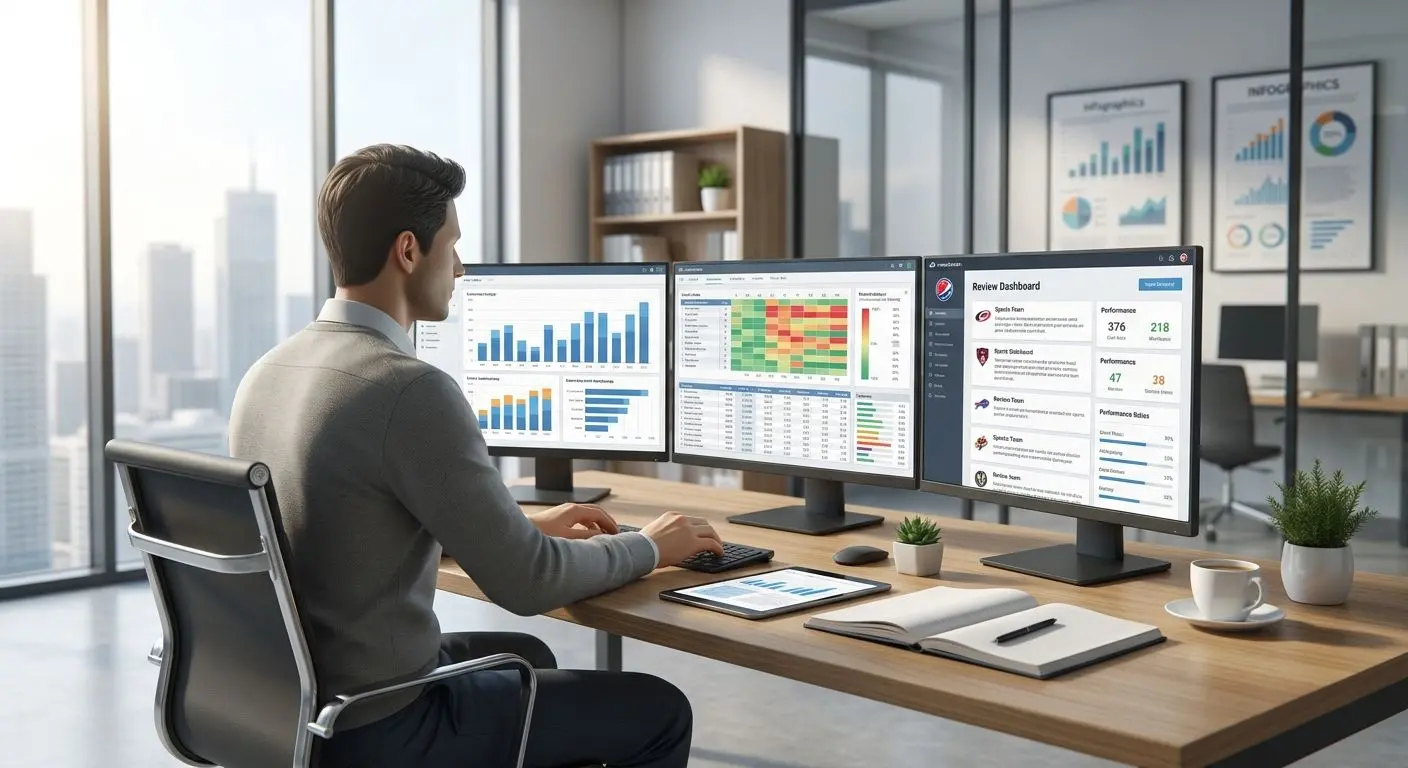 Analista de contenido revisando datos y reseñas en un entorno profesional