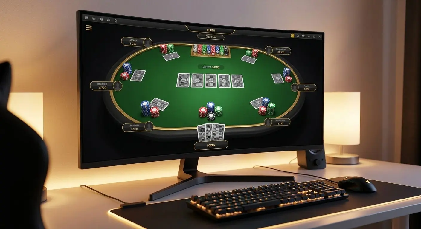 Interfaz de una mesa de póker online en pantalla con cartas y fichas