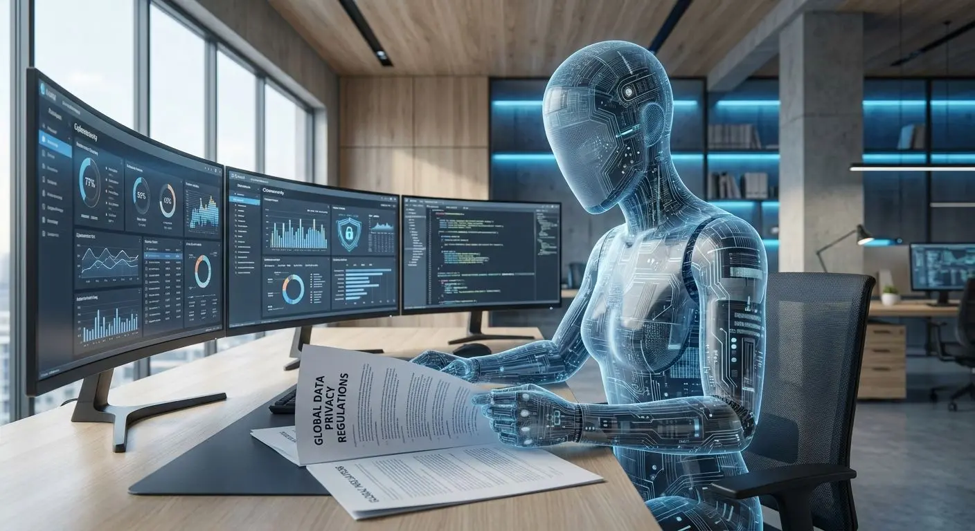 Analista digital revisando documentación de privacidad y gráficos