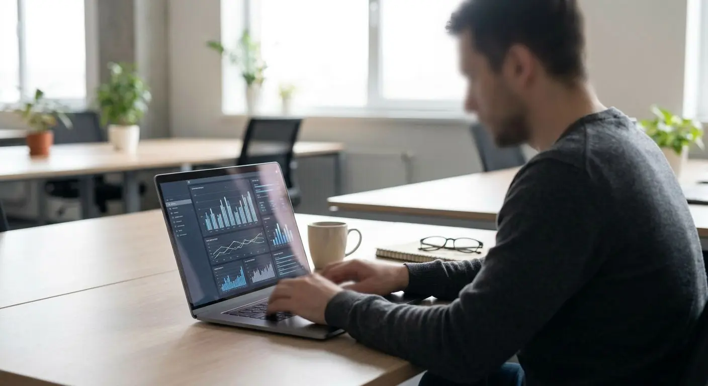 Analista digital revisando datos y procesos online en un portátil