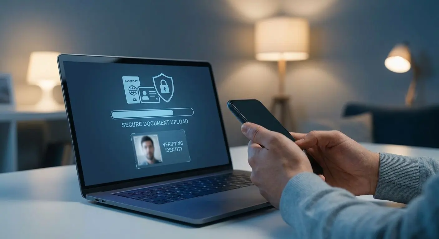 Pantalla de verificación de cuenta con documento e icono de seguridad