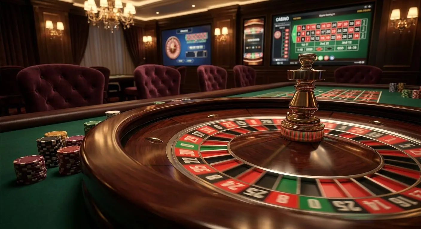 Primer plano de rueda de ruleta girando con fichas