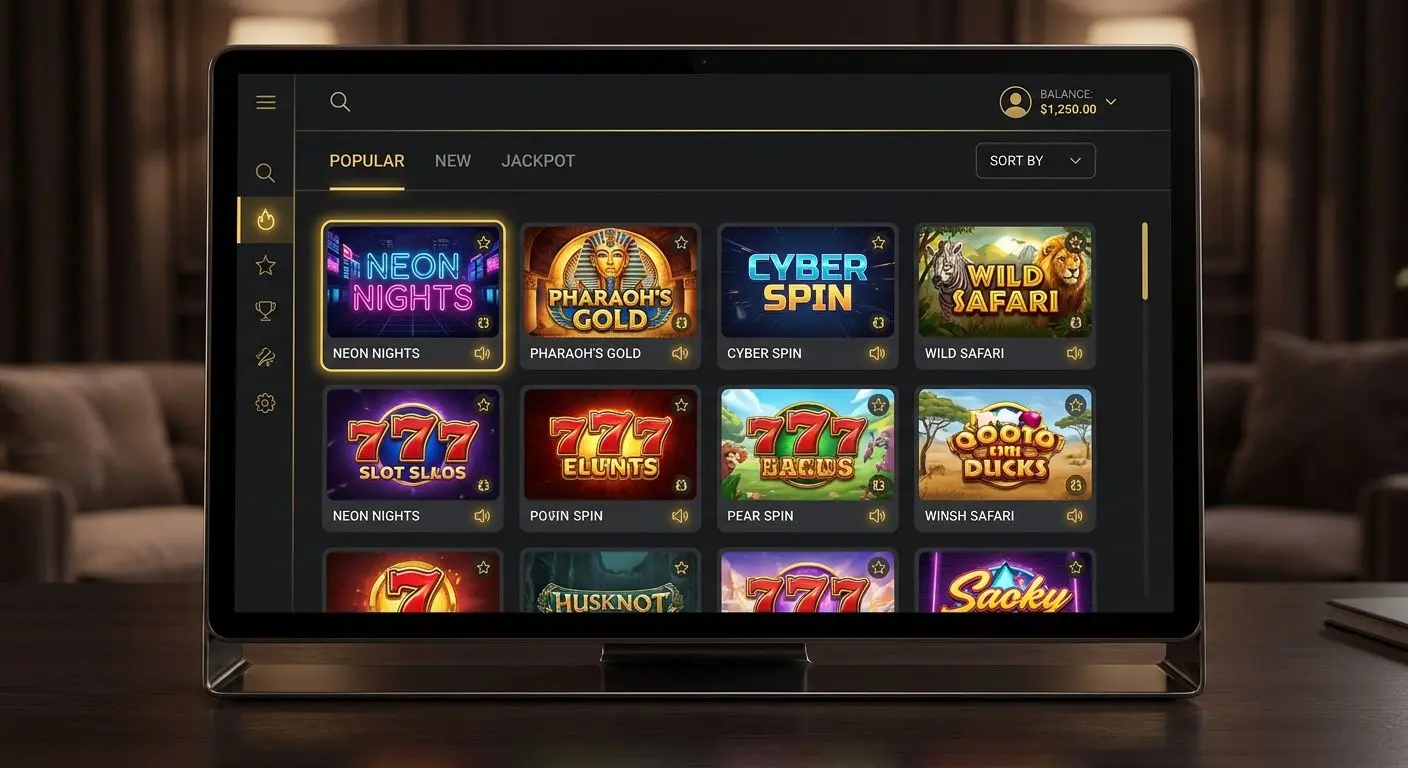 Pantalla de selección de diferentes slots con filtros y miniaturas de juegos