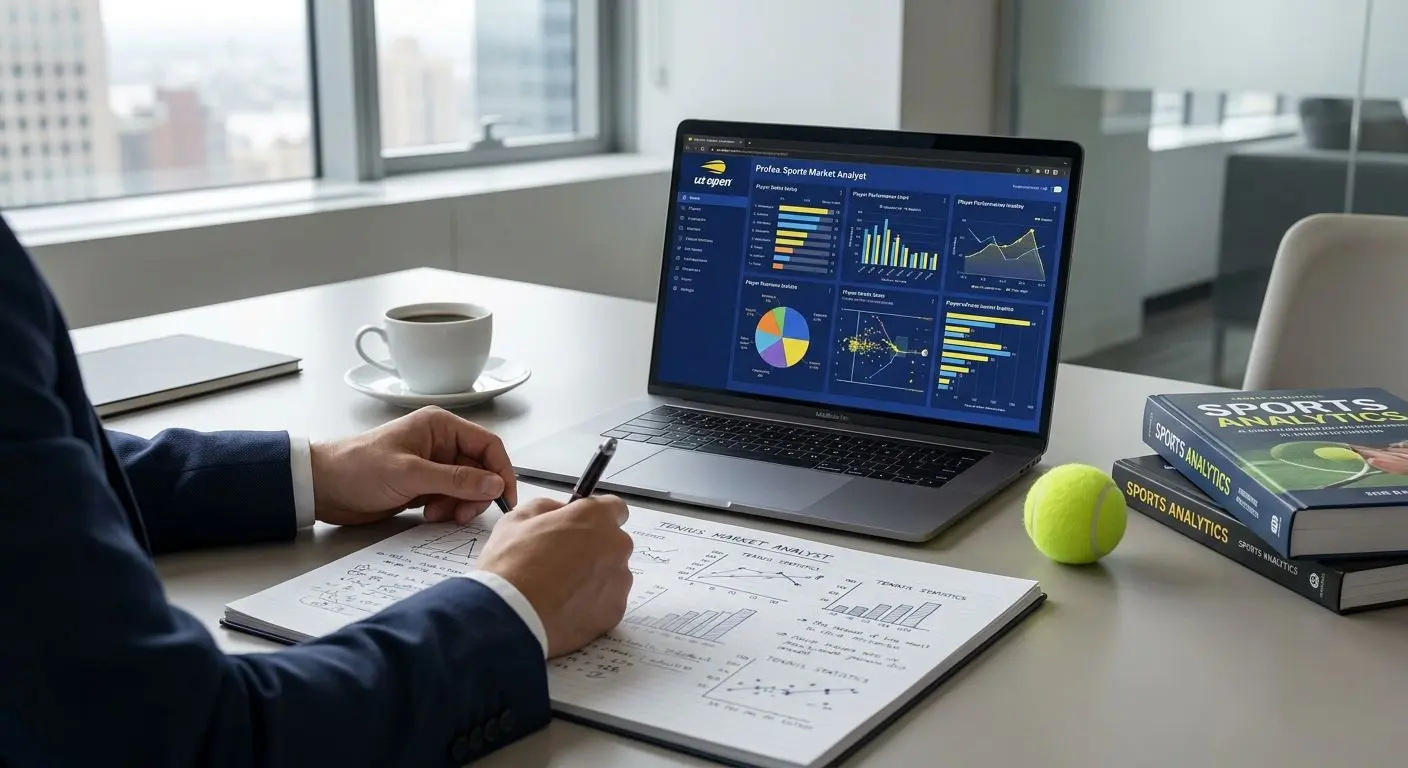 Analista deportivo revisando datos de tenis en un entorno profesional