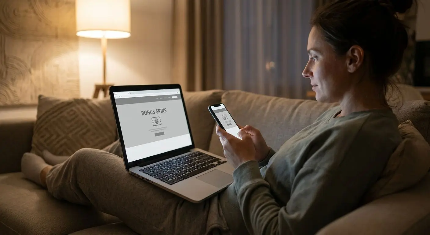 Usuario revisando una oferta de tiradas gratis en una tragaperras online